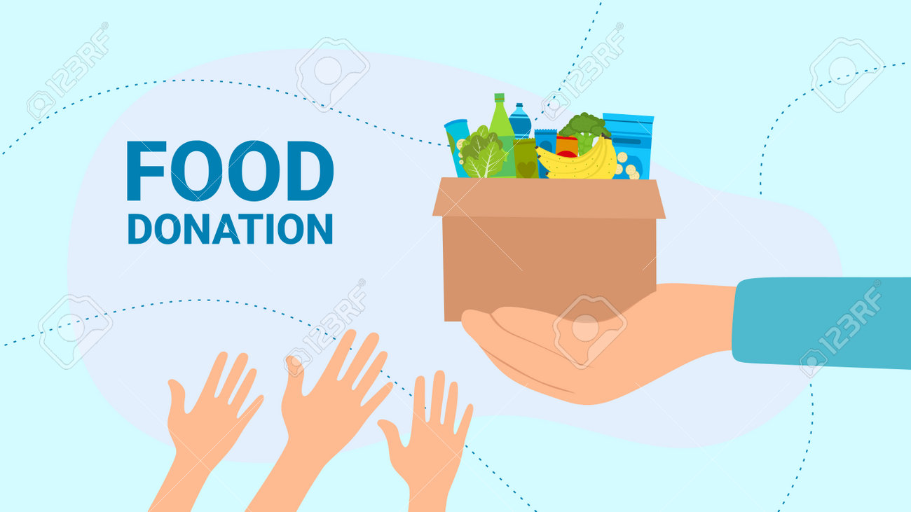 199578208 food donation concept hands holding cardboard box with food vector illustration